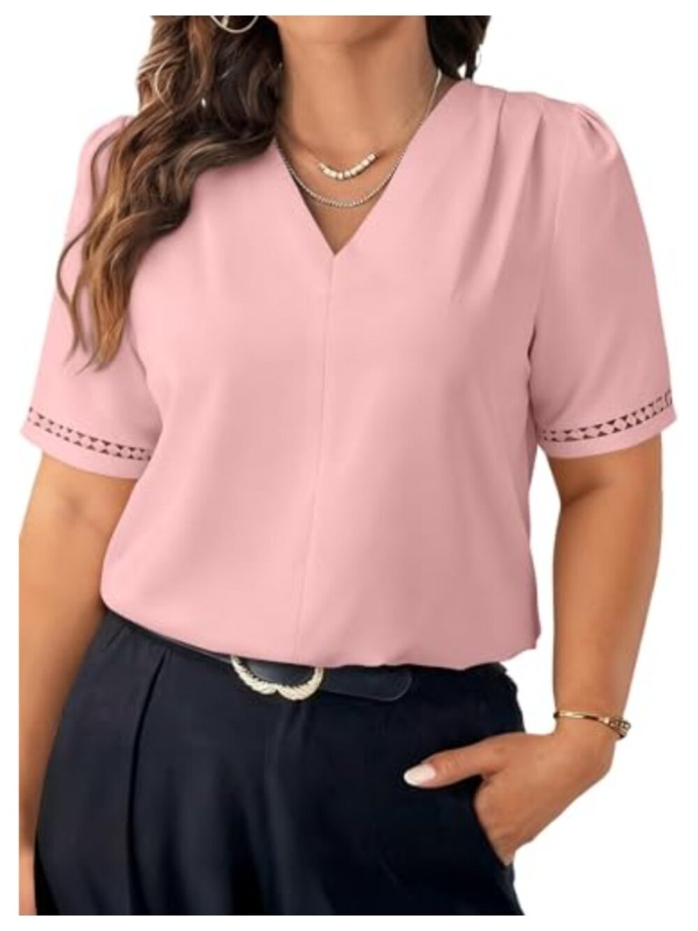 Plus Size Pleated V-Neck Blouse Short Sleeve Lace Trim Business Work Top